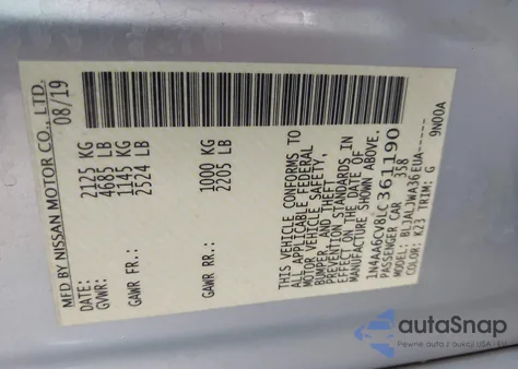 2020 Nissan Maxima Sv Xtronic Cvt из США, поврежденный, VIN 1N4AA6CV8LC361190